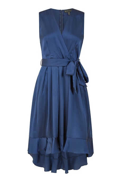 Mela Navy Satin Dipped Hem Wrap Over Midi Dress