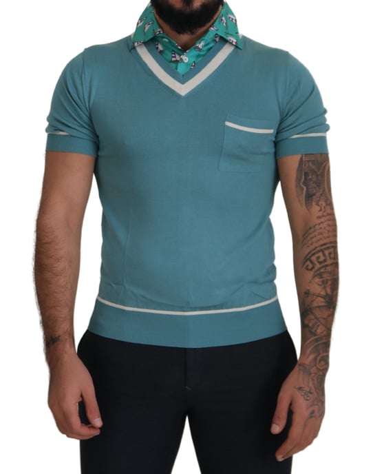 Dolce & Gabbana Blue Silk Polo Top Mens V-neck  Men's T-shirt