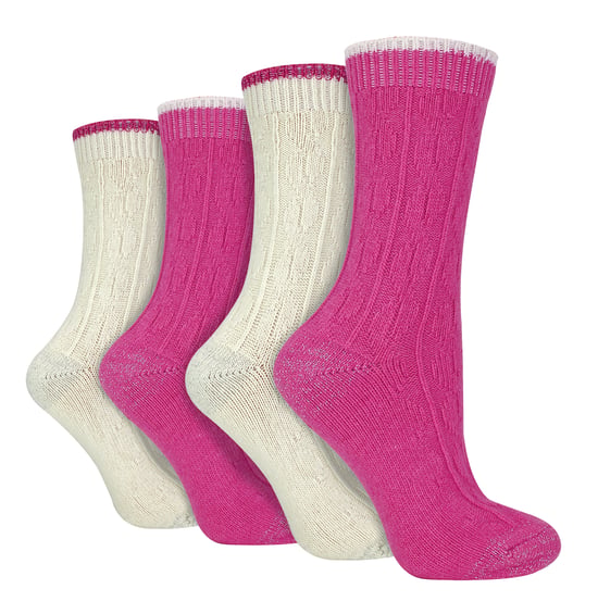 4er Pack Damen Kabelstrick Socken | Wildfeet | Lurex Glitzer Socken für Frauen - Creme/Rosa - Image 1