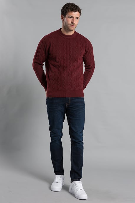 Wine Rope Cable Knit Crew Neck Jumper