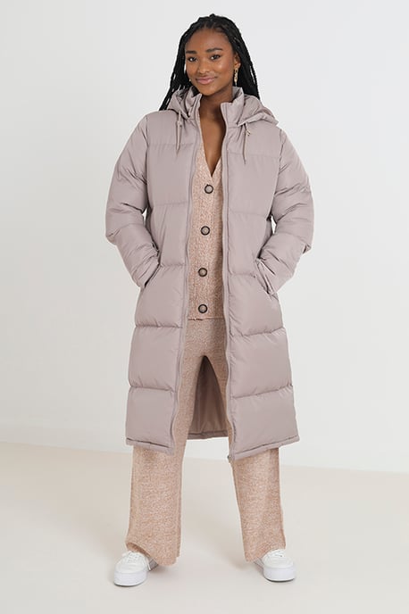 Stone 'Cello' Maxi Length Padded Jacket With Fixed Hood