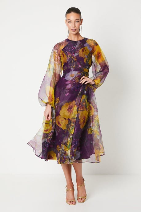 Organza Wrap Waist Puff Sleeve Midi Dress