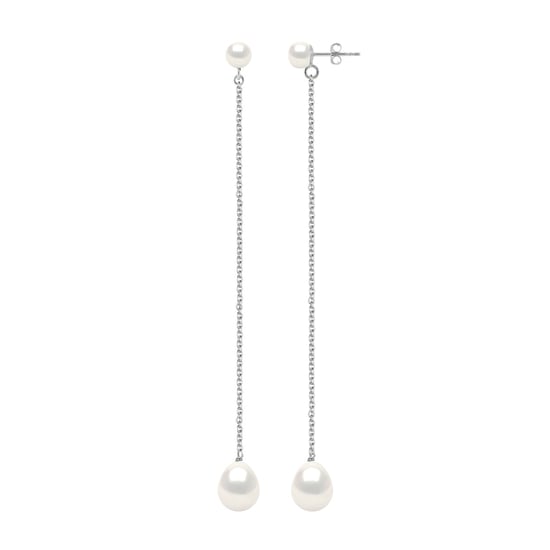 Doppelte Ohrringe aus Weißgold – echte Süßwasser-Zuchtperlen, Knopf 5–6 mm + Birne 8–9 mm - Image 1