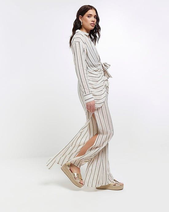 River Island Womens Trousers Beige Sheer Stripe Split Hem