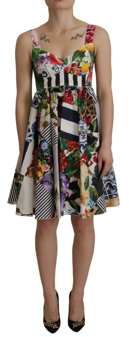 Dolce & Gabbana Mehrfarbige Patchwork Popeline Blumen A-Linien Mini-Falten Damenkleid - Image 1