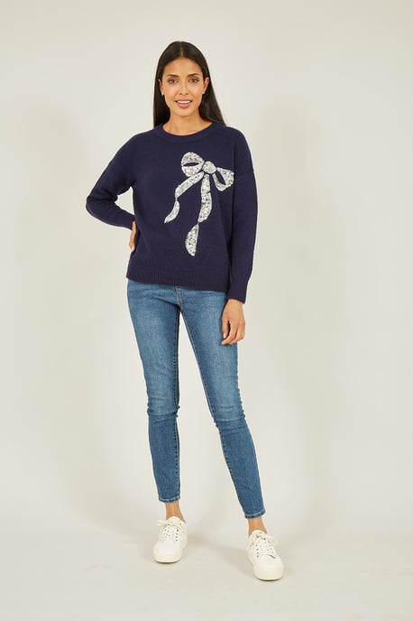 Navy Sequin Bow Knitted Jumper