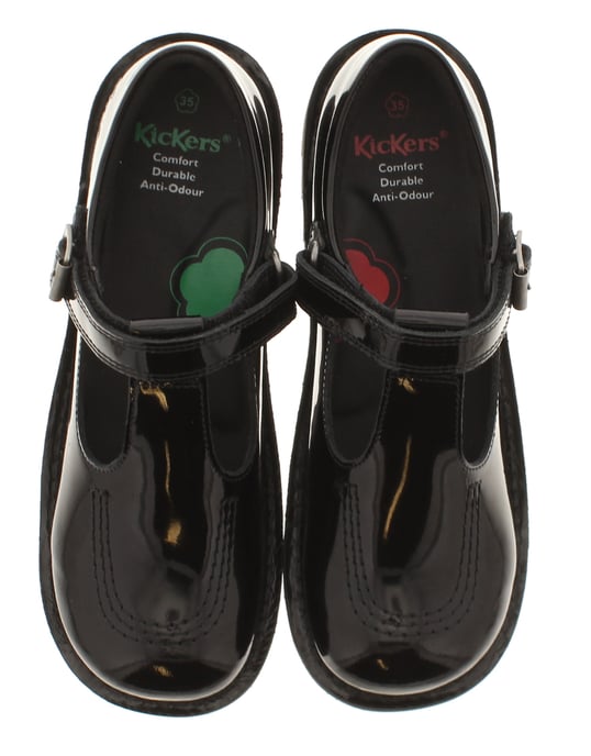 Kickers Girls School Shoes Kick T Bar Leather Hook and loop black