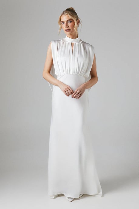 High Neck Keyhole Cape Back Satin Wedding Dress - Image 1