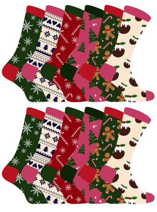 Ladies Christmas Socks | Sock Snob | Womens Colourful Novelty Design Xmas Socks | Gift for Her - 12 Pack
