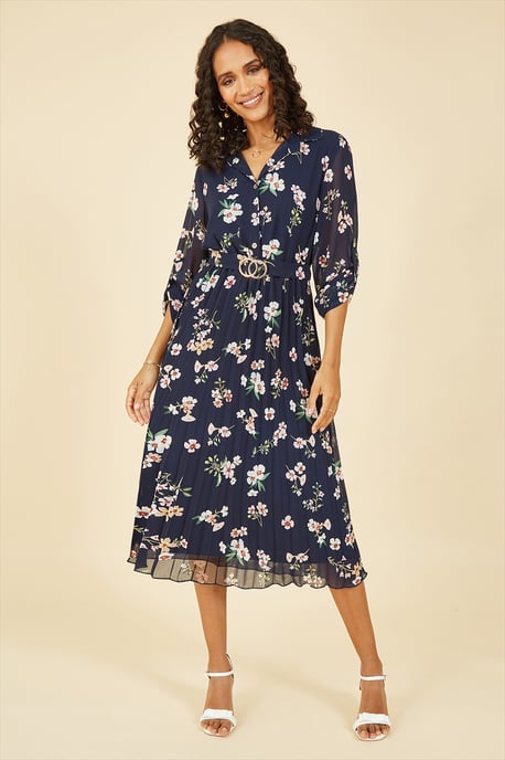 Mela Navy Floral Print Midi Dress With Gold Buckle Belt Detail