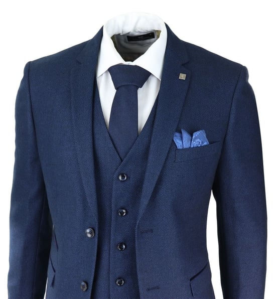 Herren Anzug im klassischen Stil mit 3 Teilen aus marineblauem Birdseye-Tweed - Image 6