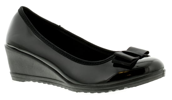 New Ladies/Womens Black Patent Low Heels Slip On Wedges/Shoes With Bow