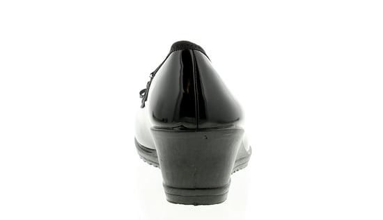 New Ladies/Womens Black Patent Low Heels Slip On Wedges/Shoes With Bow