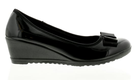 New Ladies/Womens Black Patent Low Heels Slip On Wedges/Shoes With Bow