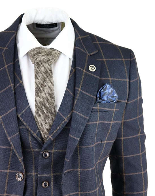 Herren Marineblau Karierter 3-Teilig Tweed Anzug Peaky Blinders 1920er Gatsby Schmaler Schnitt - Image 5