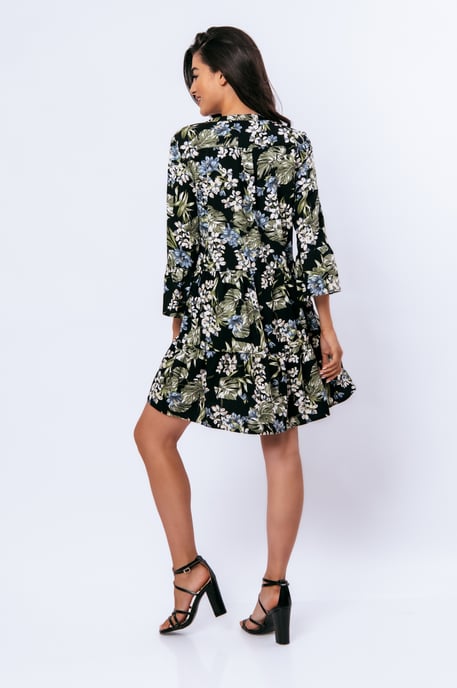 Khaki, Ecru und Blau geblümtes Kleid mit Glockenärmeln - Image 4