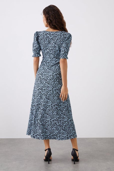 Petite Blue Floral V Neck Midi Dress - Image 3