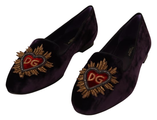 Dolce & Gabbana Women's Purple Velvet DG Heart Loafers Flats Shoes