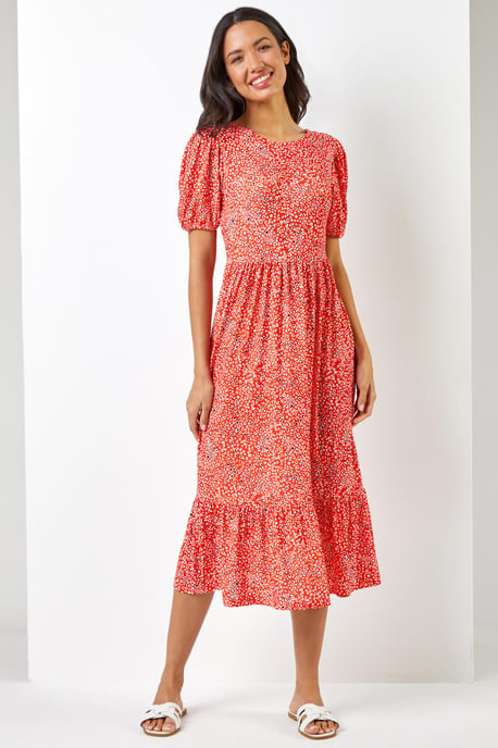 Ditsy Animal Frill Hem Midi Dress