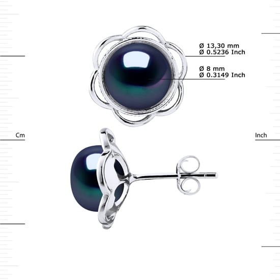 Stud Earrings FLOWER Beads Freshwater 8-9mm Black Buttons 925