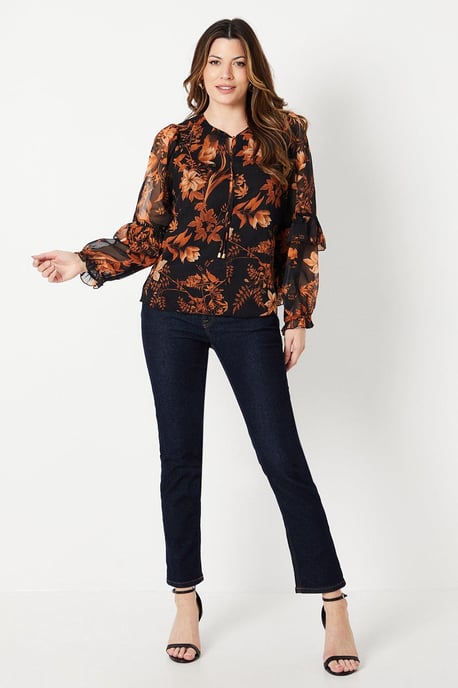 Floral Print Frill Detail Tie Neck Top