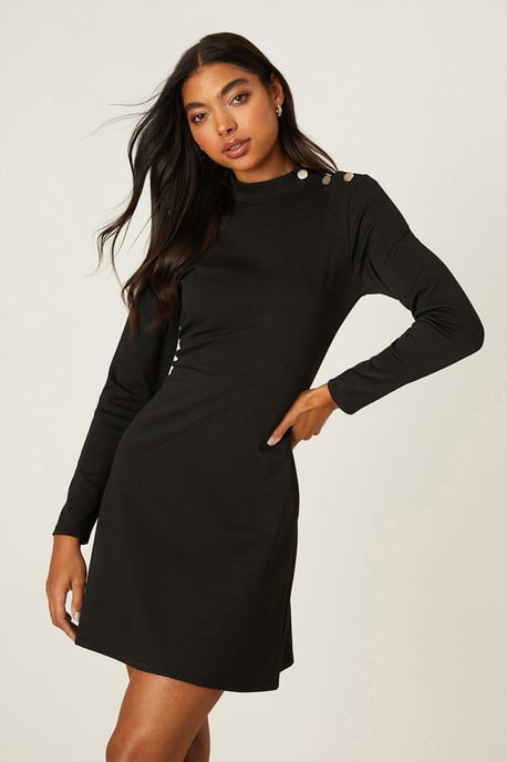 Black Ponte High Neck Button Mini Dress - Image 1