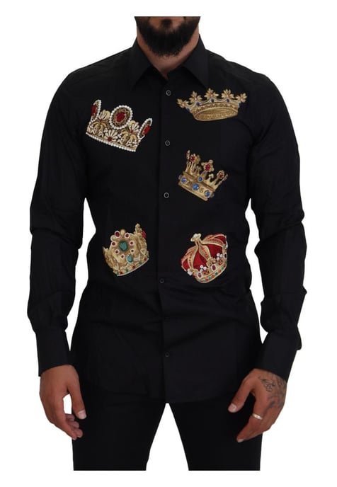 Dolce & Gabbana Herren Slim Fit Hemd mit schwarzer Goldkrone - Image 1