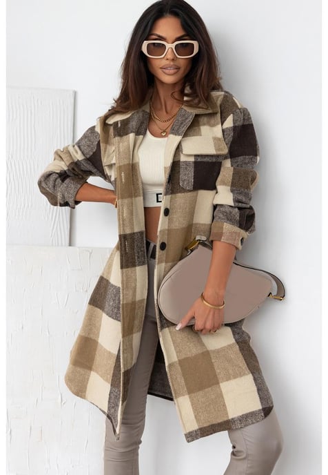 Damen-Shacket mit Karomuster und Button-Down-Muster in Khaki - Image 3