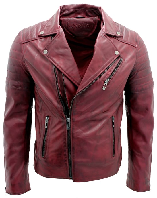 Brando-style slim-fit leather biker jacket with cross zipper