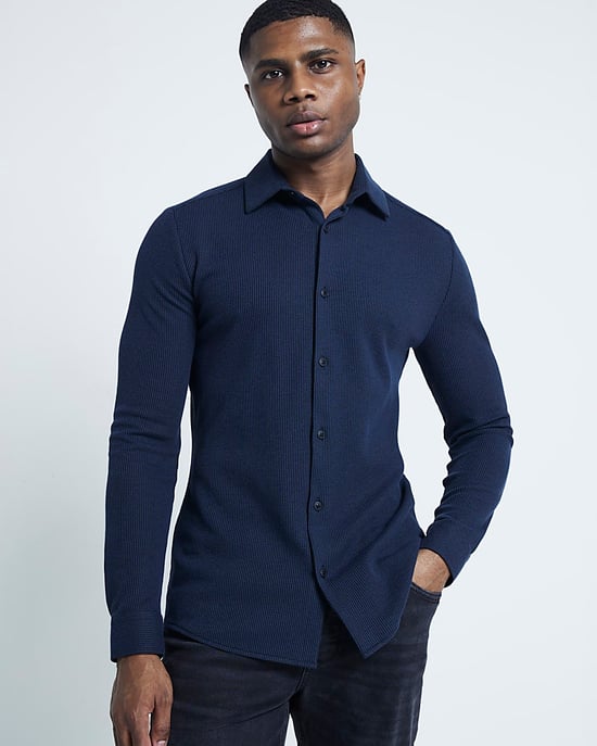 River Island Mens Shirt Navy Slim Fit Waffle Textured Jersey