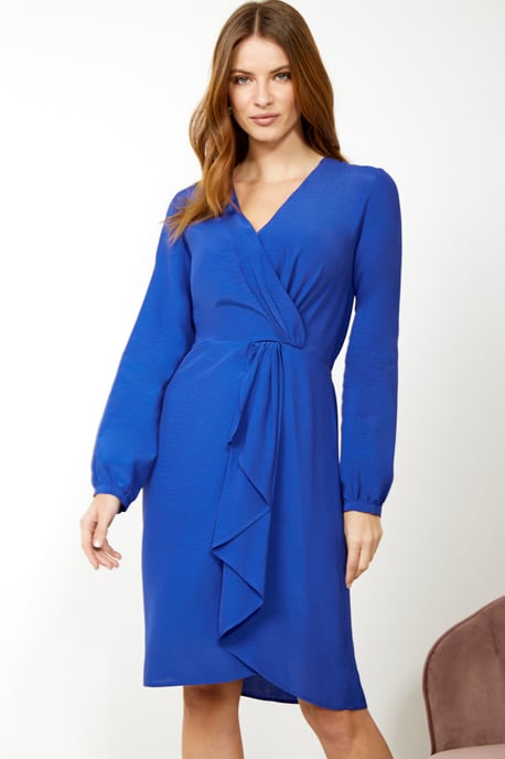 Blue Ruffle Detail Faux Wrap Dress