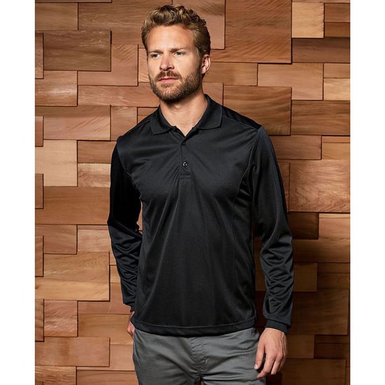 Premier Herren Coolchecker Pique Polo-Hemd, langärmlig (Schwarz) - Image 2