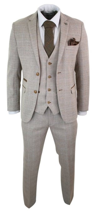 Herren 3-teiliges beiges Tweed-Karomuster Vintage Retro Anzug - Image 4