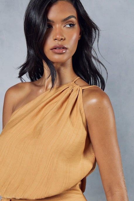 Textured Linen Look Drape Detail Mini Dress