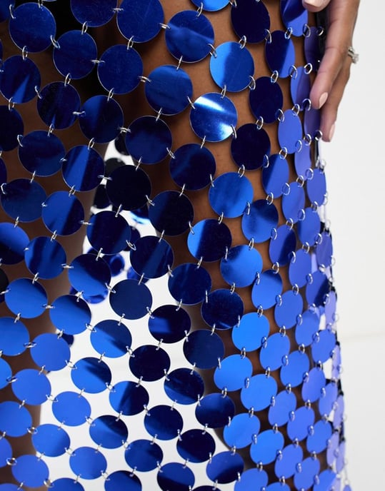 Simmi Petite sequin disc chainmail maxi dress with open back in blue