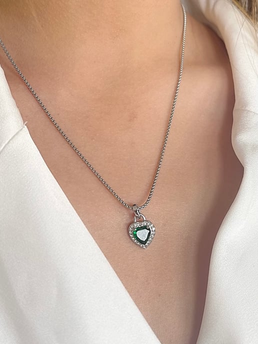 Green Diamante Heart Necklace and Earrings Set in Silver