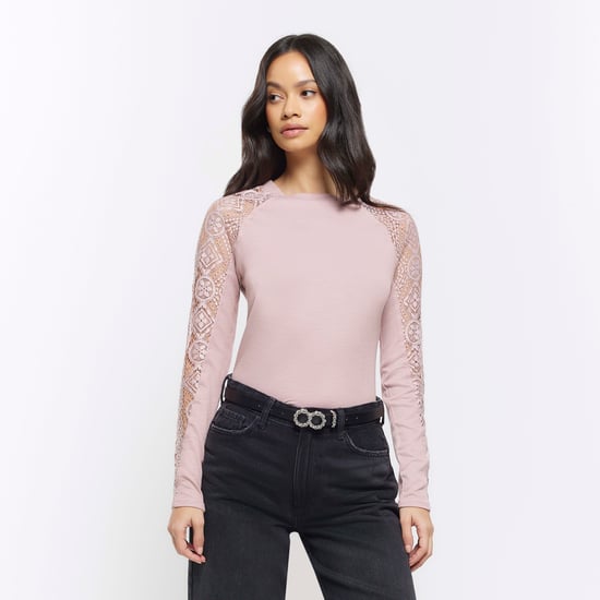 River Island Womens Top Pink Rib Lace Long Sleeve