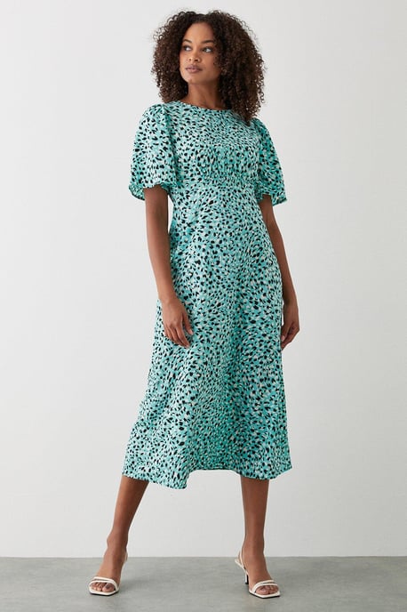 Green Animal Flutter Sleeve Shirred Waist Midi Dress - Image 1