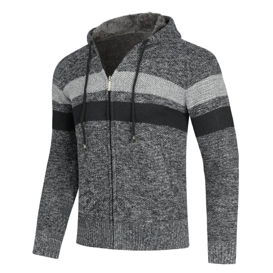 Men's Winter Transition Cardigan with Hood Lined Chunky Knit Hooded Warm Jacket Dark Grey