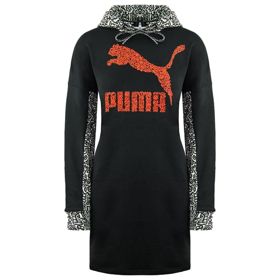 Puma x Mr. Doodle Long Sleeve Pullover Black Women Hooded Jumper Dress 598686 01