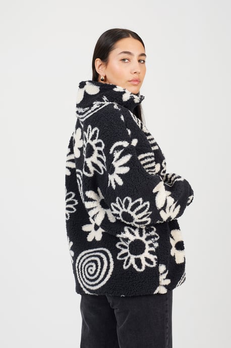 Black Quarter Zip Flower Print Fleece Sweatshirt