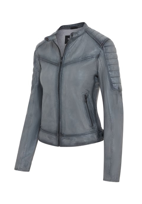 Womens Grey Retro Quilted Leather Biker Jacket - Horten