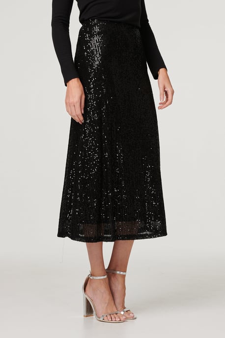 Black Sequin High Waist Semi Sheer Midi Skirt