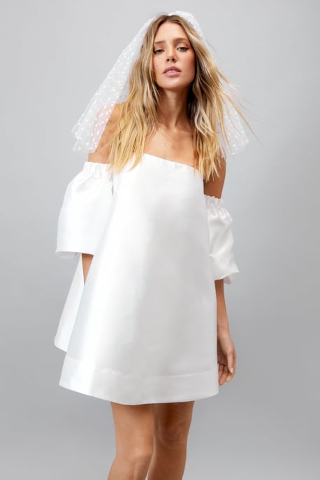 Structured Bardot Puff Sleeve Mini Prom Dress