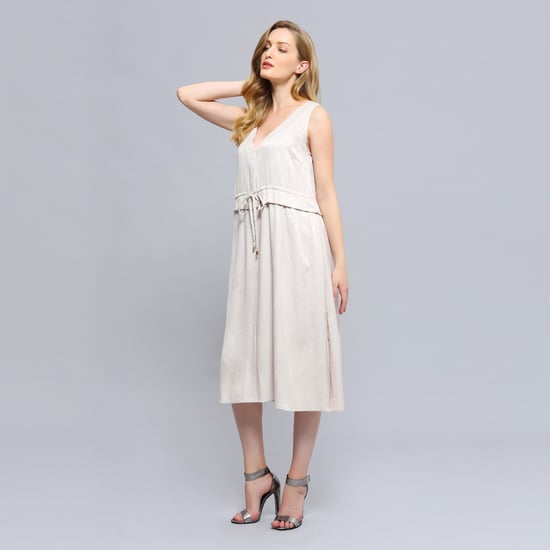 V-neckline Adjustable Waist Midi Dress