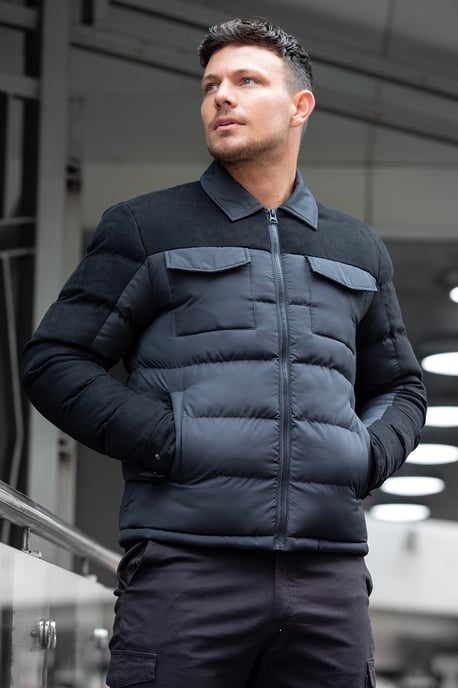 Black 'Chatburn' Padded Jacket With Faux Suede Sleeves