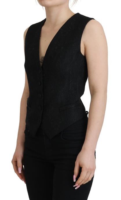 Dolce & Gabbana Damen Schwarze Brokat Knopf-Boden Ärmellose Weste Top - Image 2