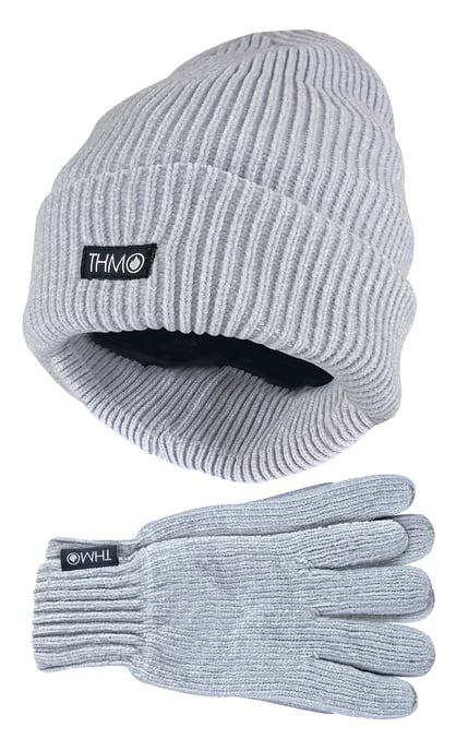 Damen Thinsulate Mütze und Handschuhe Set | THMO | Weiche Chenille gerippte Beanie Mütze & Handschuhe für Frauen - Grau - Image 1