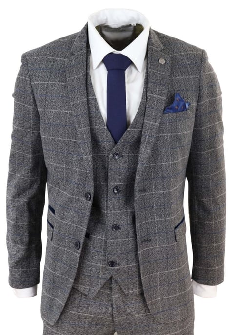 3-teiliger klassischer Anzug für Herren in Grau mit blauem Karomuster im Vintage-Stil - Image 1
