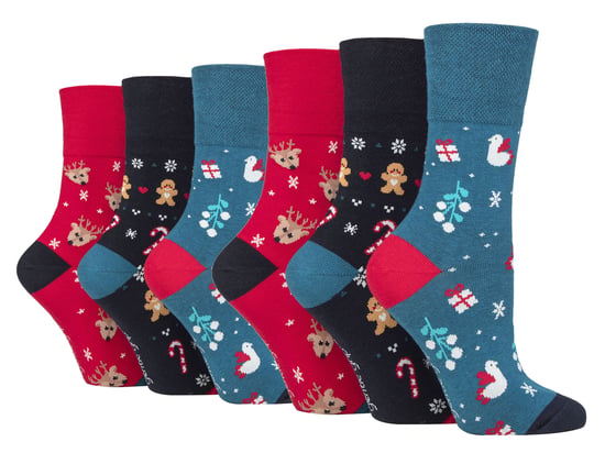 Gentle Grip - 6 Paar Damen Neuheit Weihnachten Socken - blau / rot / grau - Image 1